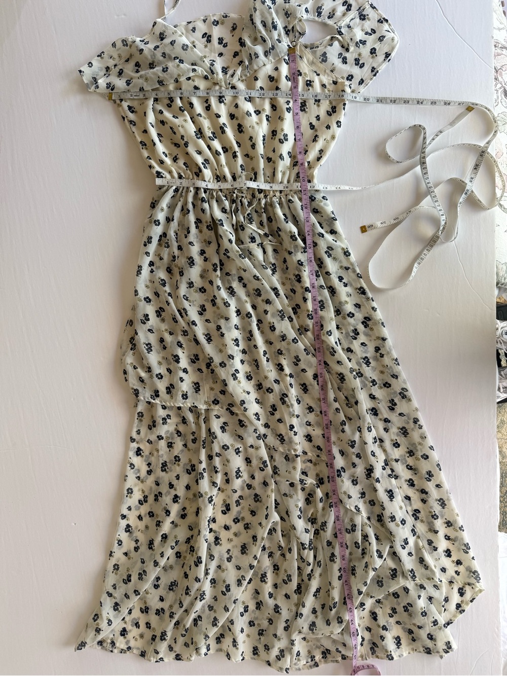 Abercrombie Floral Chiffon Maxi Dress Ruffle Cottagecore Coquette Cream Navy L - Picture 10 of 13
